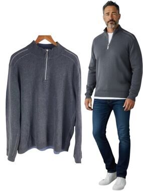 Tommy Bahama 1/4 Zip Reversible Sweater Gray Blue Long Sleeve Size XL